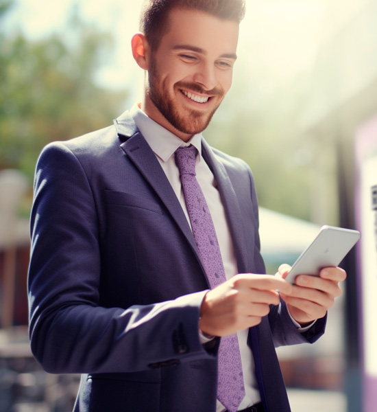 Businessman looking at his contact information on his cell phone because he scanned an E Business Card qr code